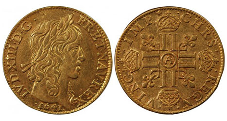 louis d’or de 1641 avec effigie de louis 13